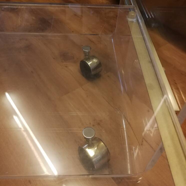 David Lange designer coffee table, plexiglass and gold metal, sliding top