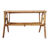 Table basse en rotin années 60 - plateau bleu