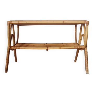 Table basse en rotin années 60 - plateau bleu
