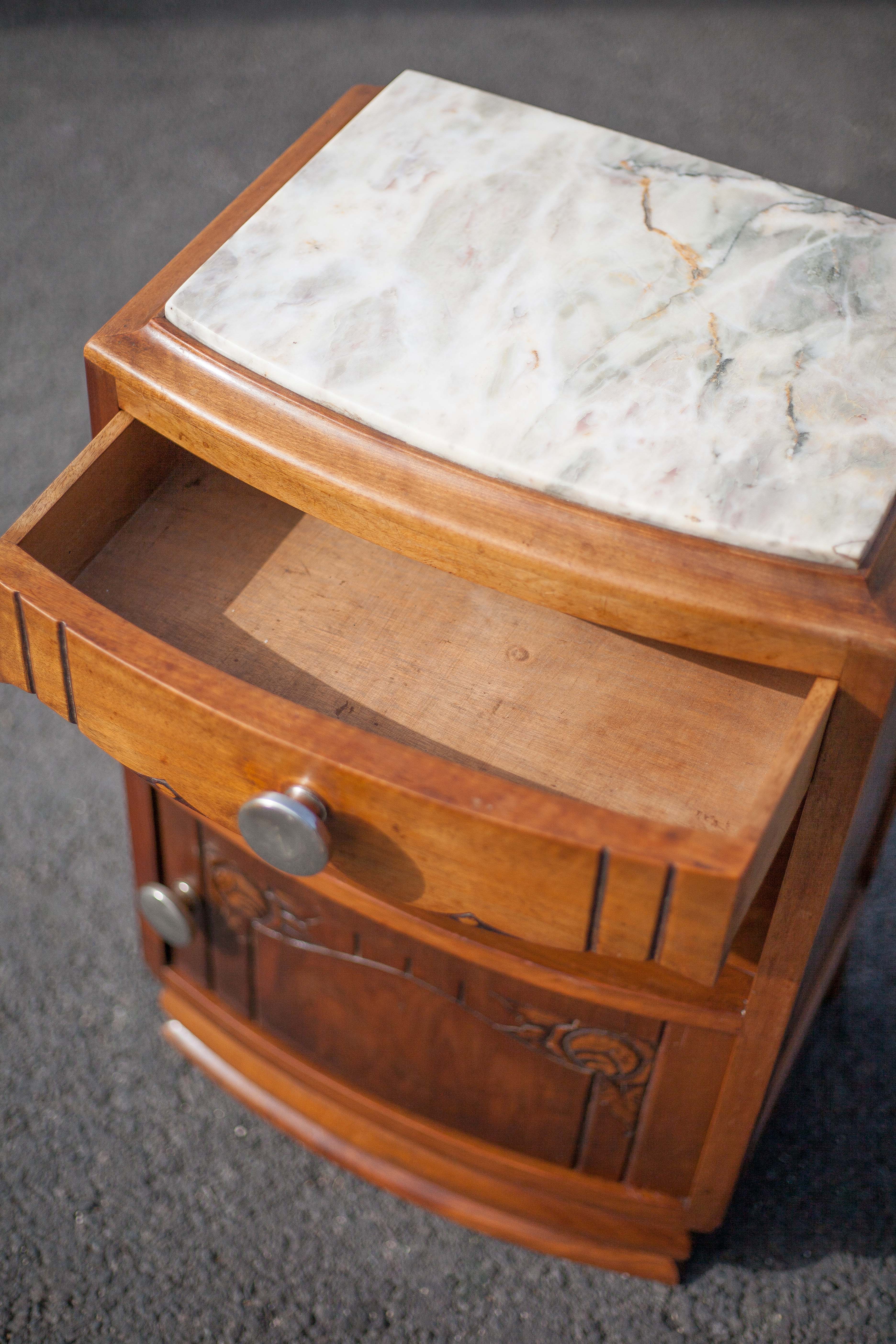 Bedside table, wooden nightstand with marble plate, art deco furniture, vintage furniture