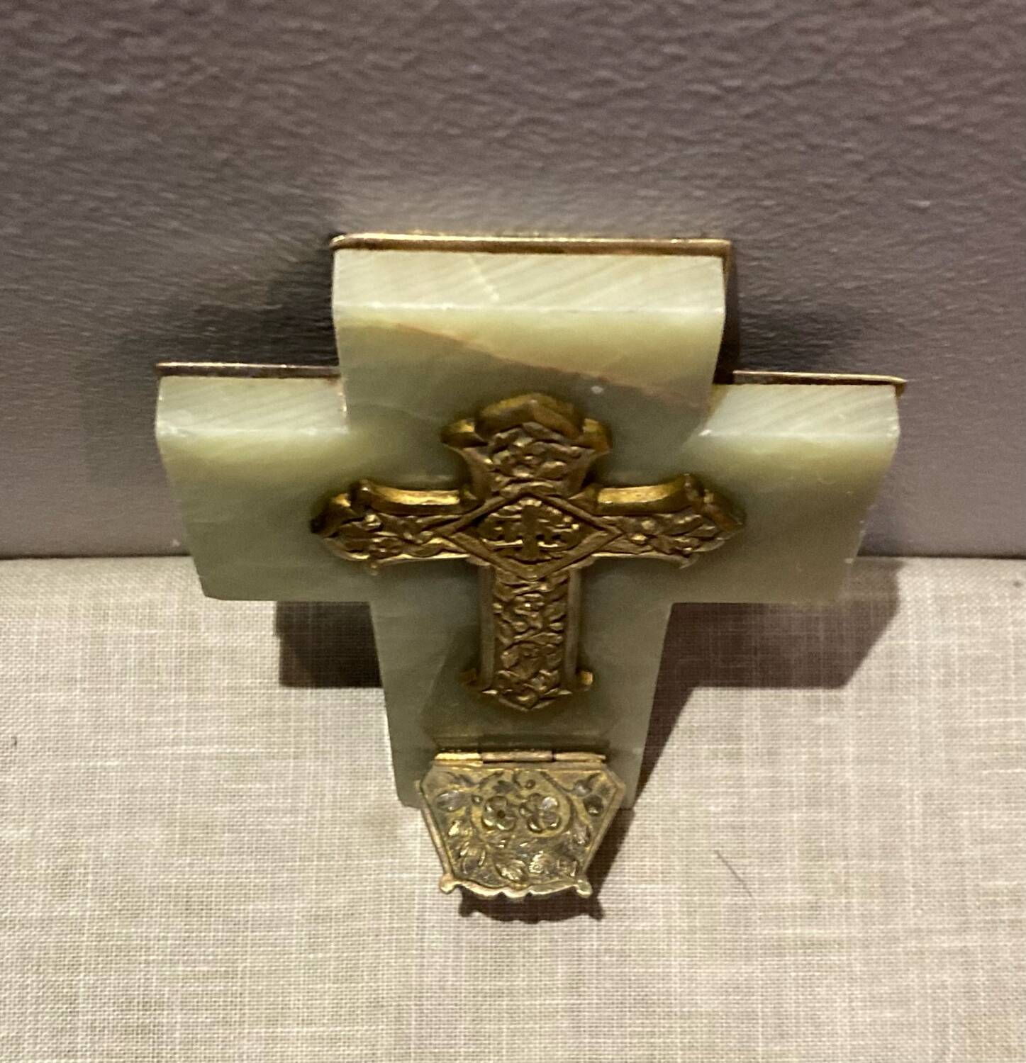 Art Deco holy water font in bronze, onyx and brass from the early 20th century