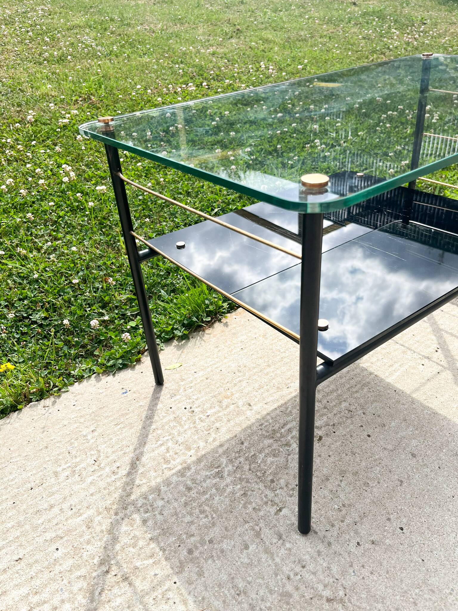 Roche Bobois metal and glass coffee table with magazine rack from the 50s