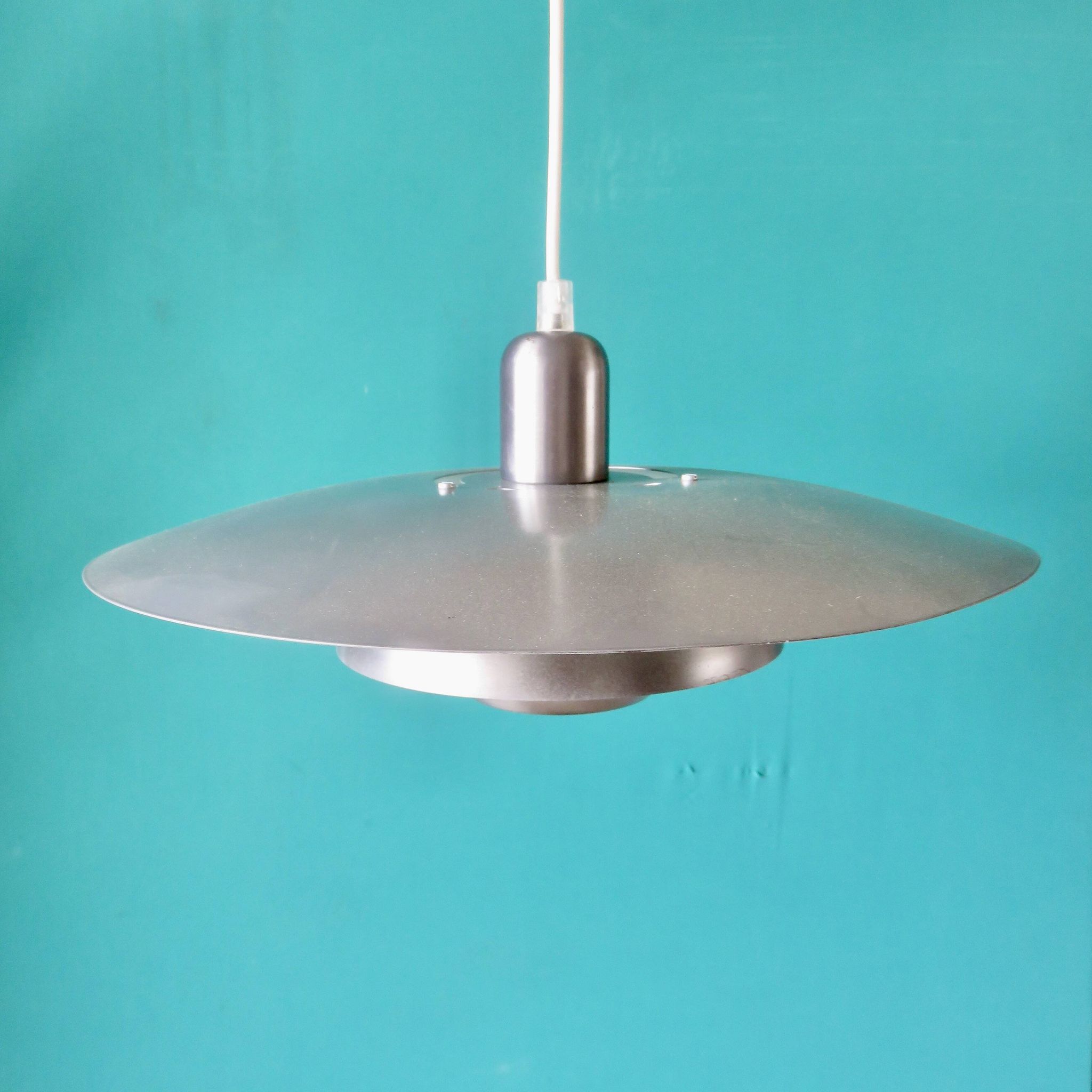 Silver iridescent metal pendant light with a typically Danish design, circa 1975/1980