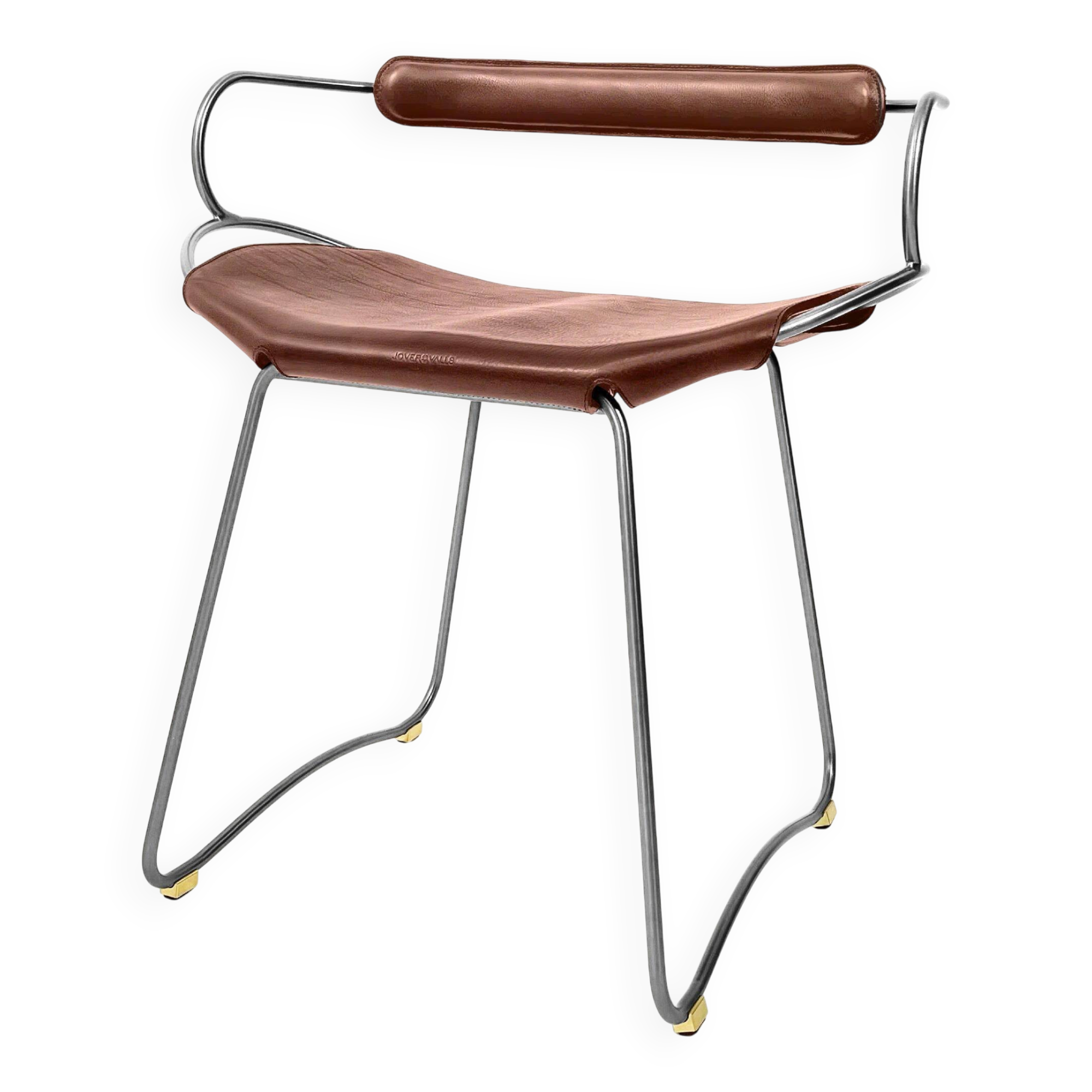 Bar stool with a backrest in aged silver metal and cognac leather, organic design.