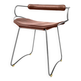 Tabouret de bar c. dossier en métal argenté vieilli et cuir cognac design organique