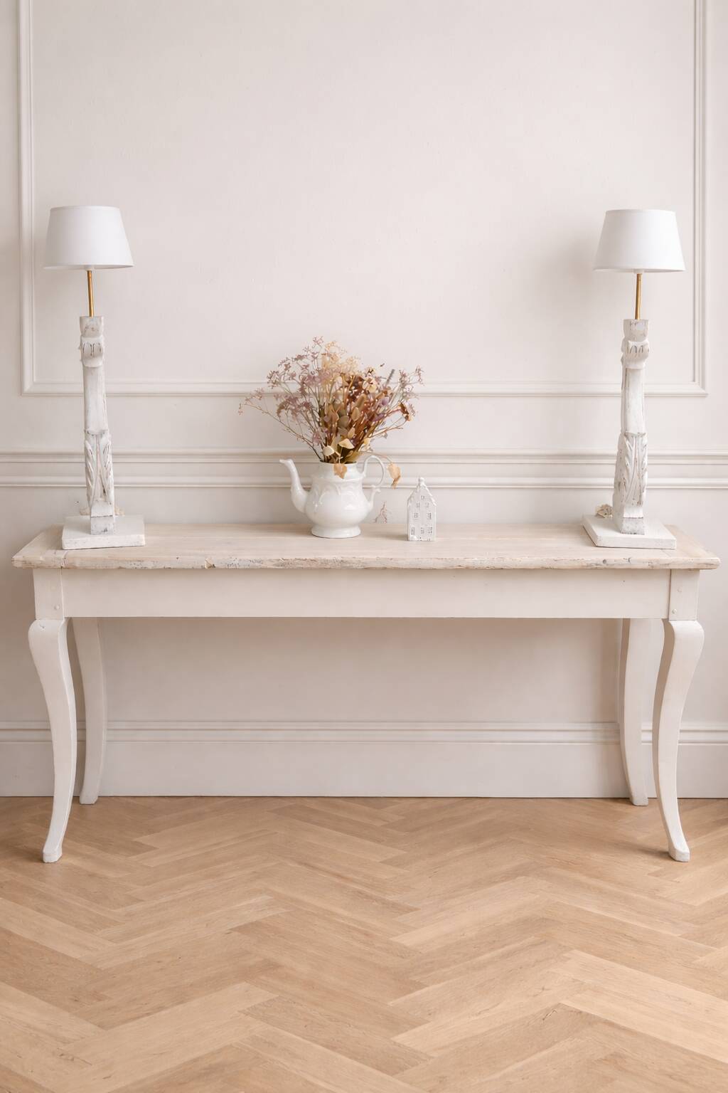 Console with a weathered grey cotton base, top in bleached walnut.