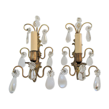 Paire d'appliques bronze doré patiné et pampilles verre début XXème