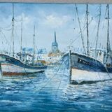 Marine, oil on canvas "Bâteaux les sables d'Olonne" signed Rossini