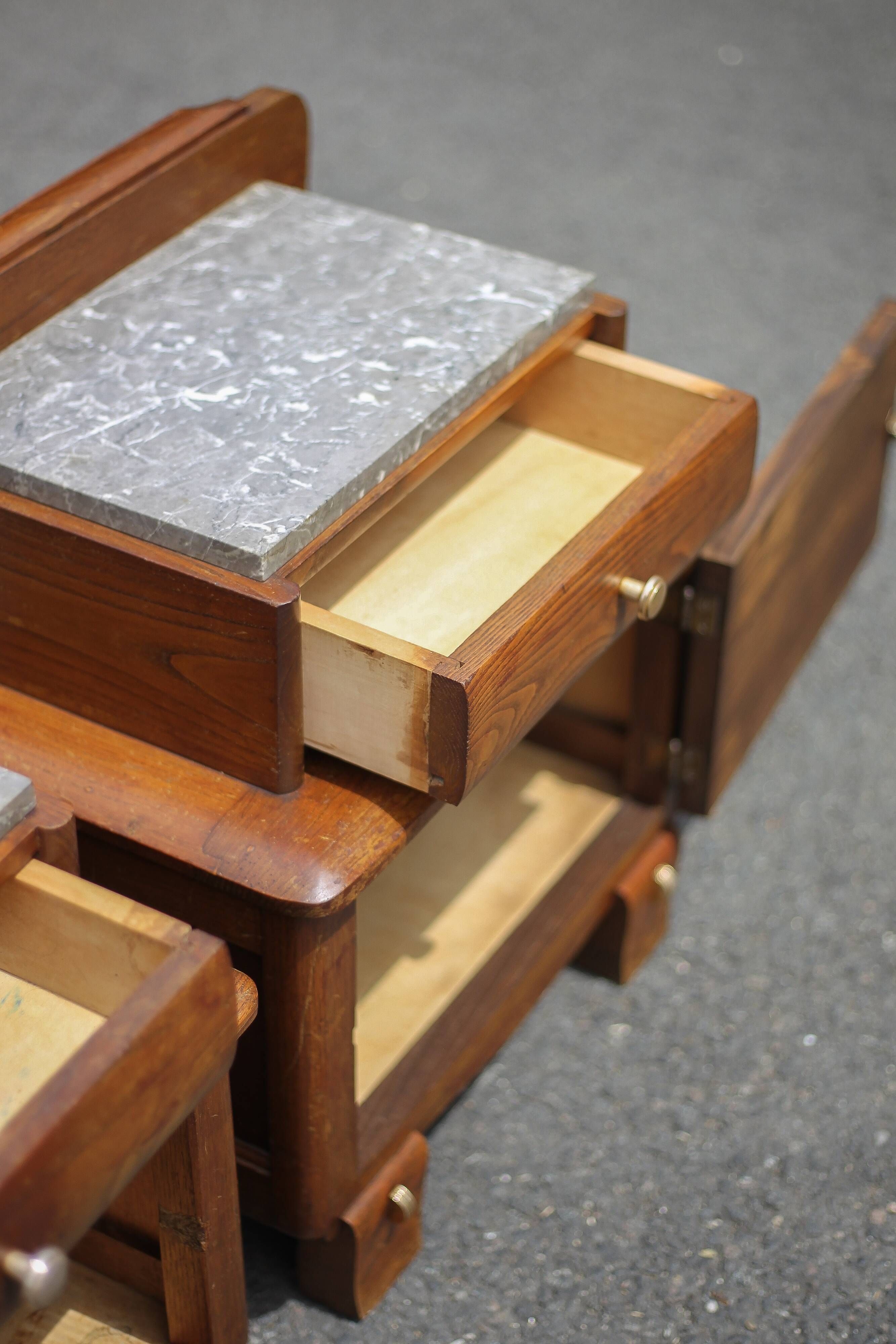 Pair of wooden nightstands, art deco style wooden bedside table, wood and marble table
