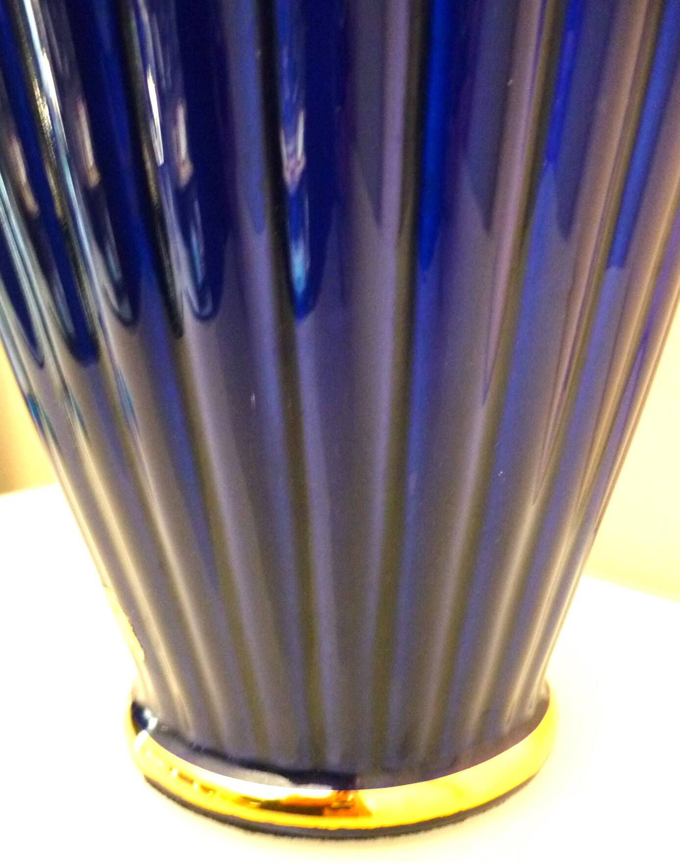 Vintage glazed ceramic vase, cobalt blue and gilt, Lancel Paris