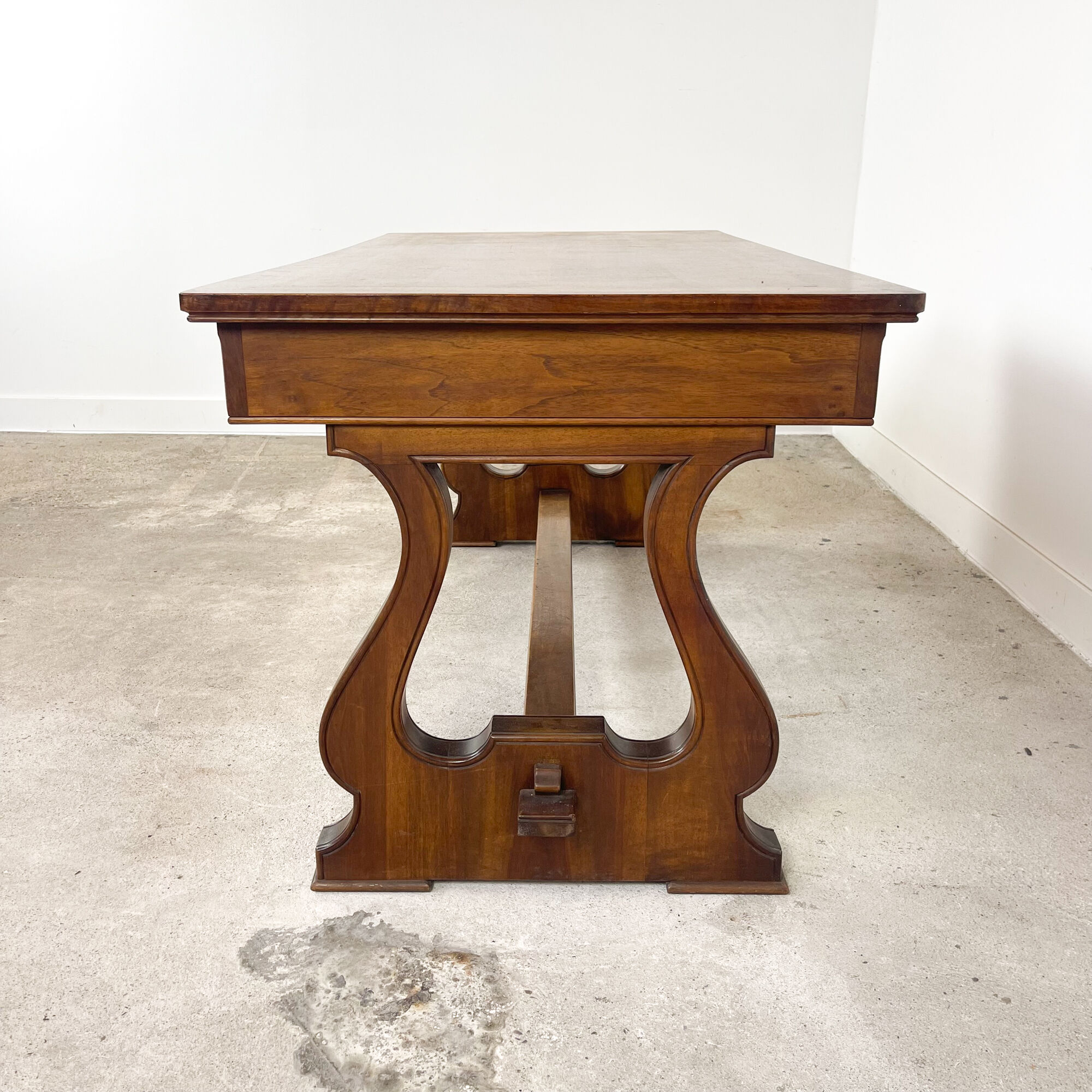 Vintage mahogany harp base desk table with drawers