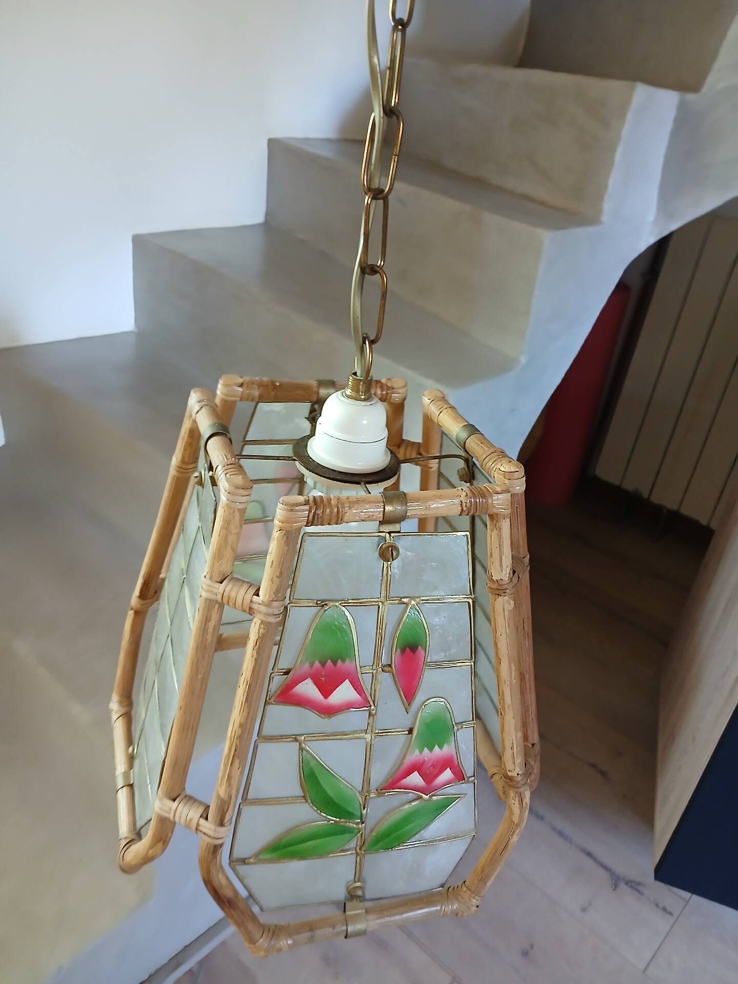 Suspension vintage rotin et nacre