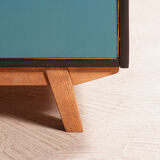 Vintage low sideboard restyled in blue with 2 swing doors and wooden base