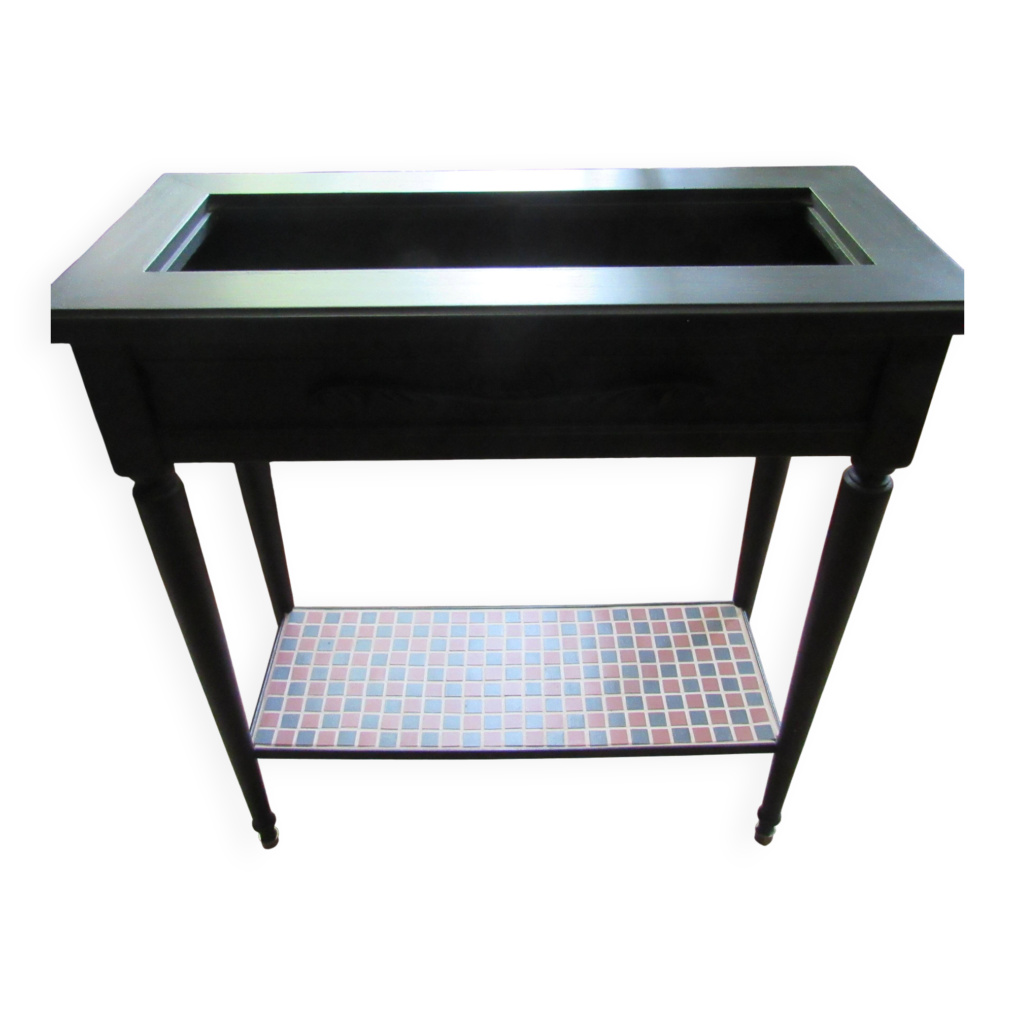 Vintage planter on wheels made of oak, repainted in black.