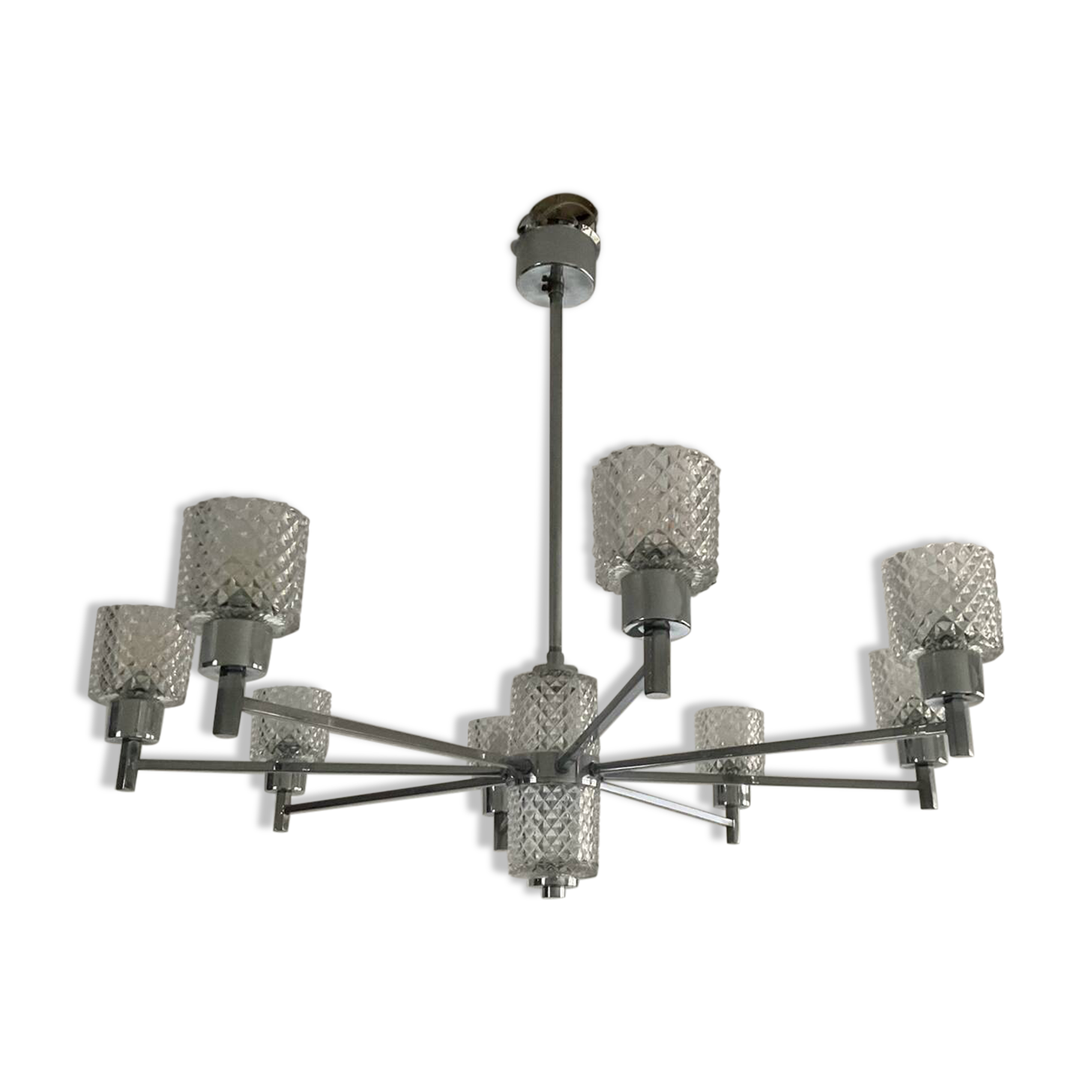 Vintage Italian chandelier from the 60s in chromed metal and glass