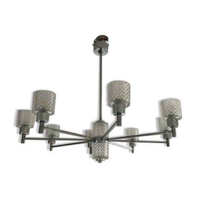 Lustre italien en métal chromé et verre, années 60
