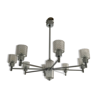 Vintage Italian chandelier from the 60s in chromed metal and glass