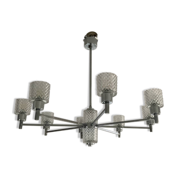 Vintage Italian chandelier from the 60s in chromed metal and glass