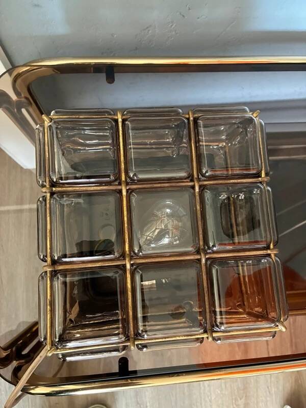 Vintage boom flush ceiling lamp by glashütte limburg smoked glass brass