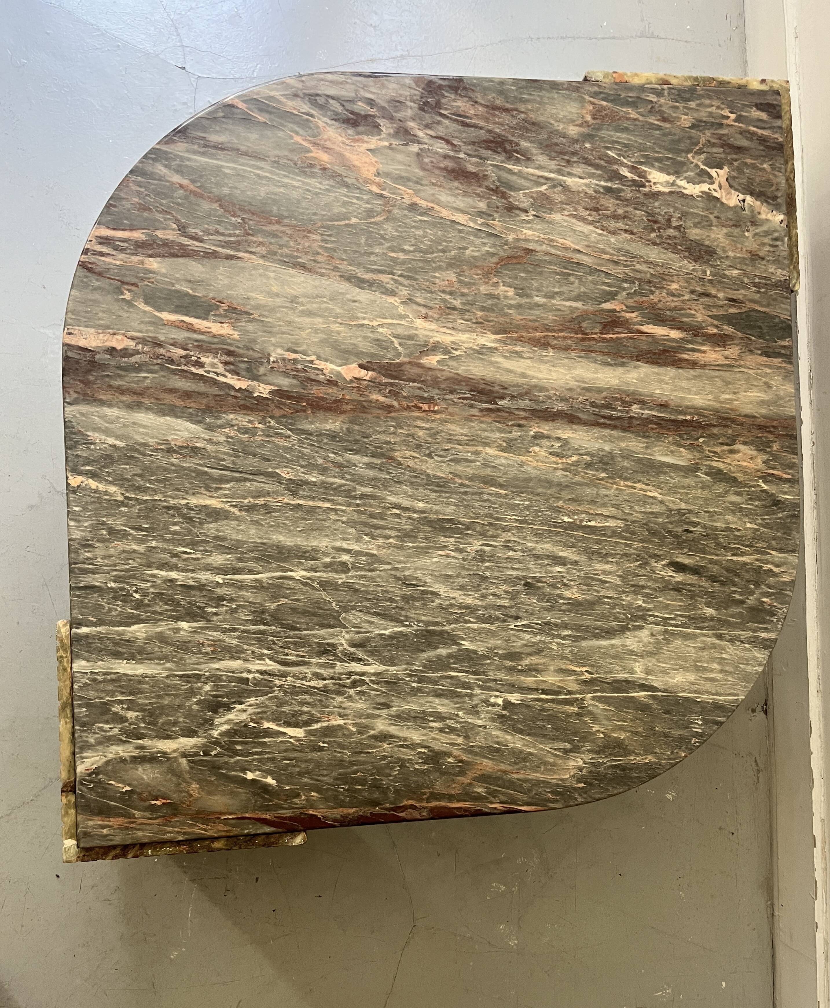 water green, beige and pink/burgundy marble drop coffee table, Roche Bobois 1970