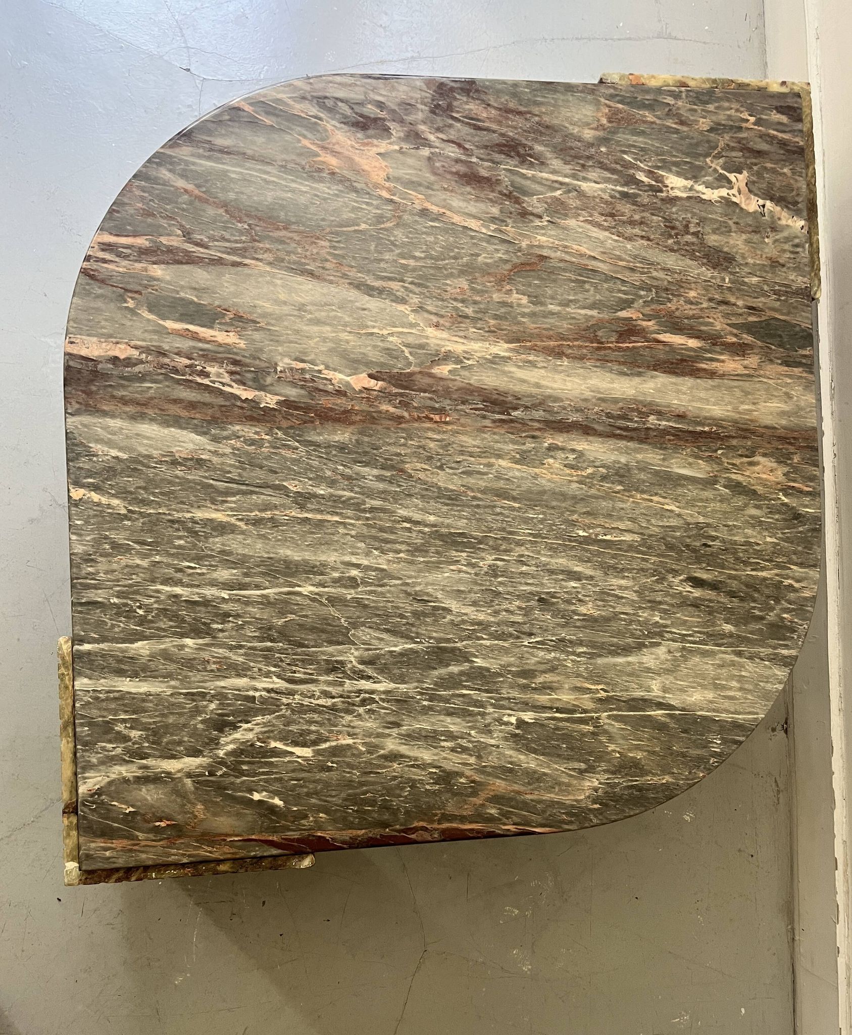 water green, beige and pink/burgundy marble drop coffee table, Roche Bobois 1970