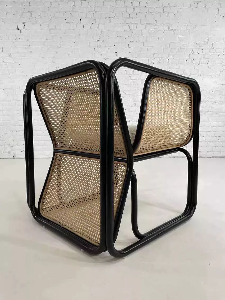 Cubic armchair in black rattan and canework