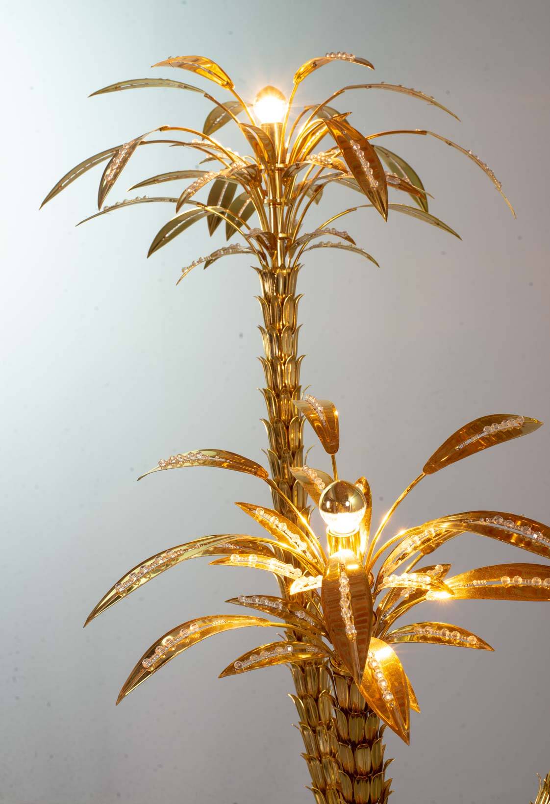 Exquisite Italian Golden Palm Tree Floor Lamp with 3 Sparkling Branches 70s