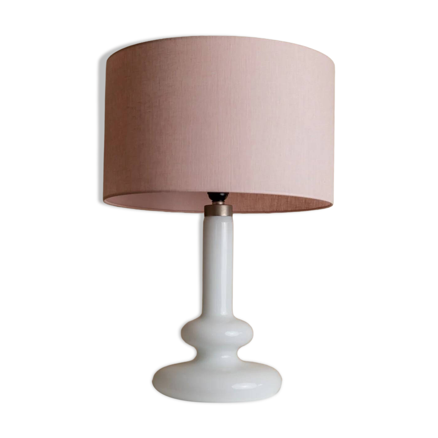 Vintage Holmegaard Plaza table lamp by Hsin-Lung Lin for Glasværk, 1970s - White glass with pink fabric shade - Elegant retro lamp, gift idea.