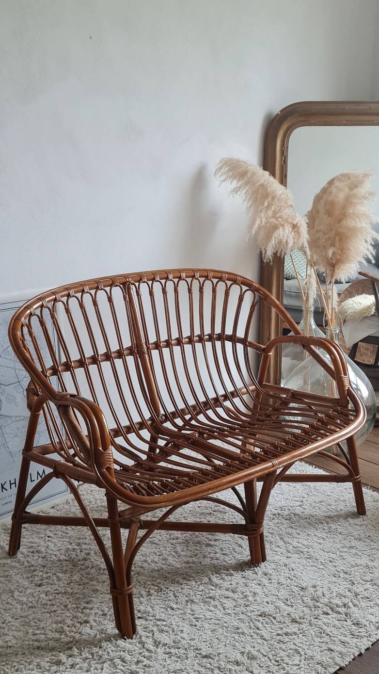 Vintage 1970s rattan bench