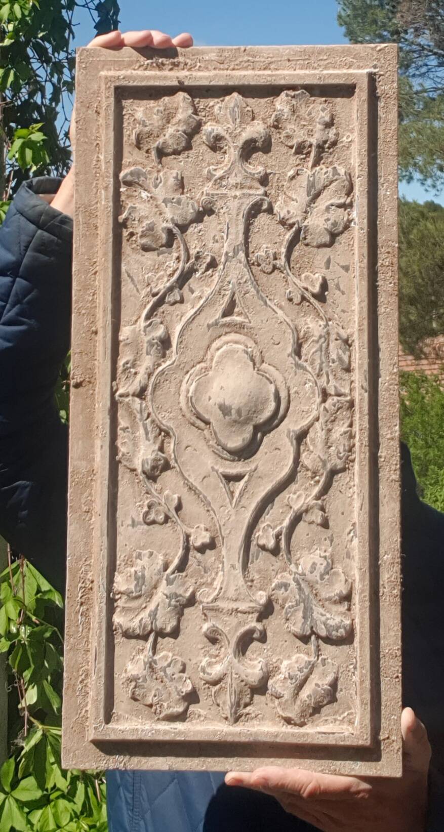 Polychrome carved wooden panel, wall element, old object