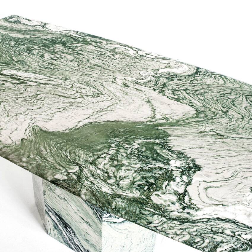 Vintage dining table in green and white veined marble. Completely restored. Italy, 90's