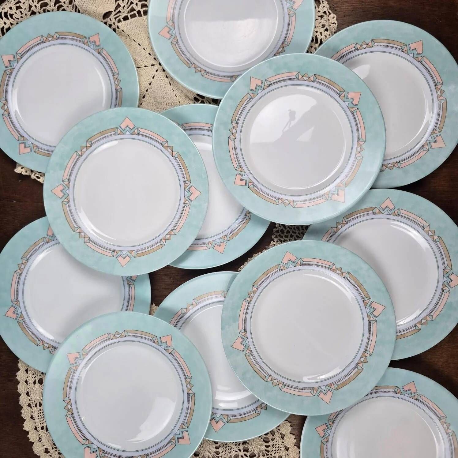 Set of 12 vintage pastel geometric dessert plates ESSO.
