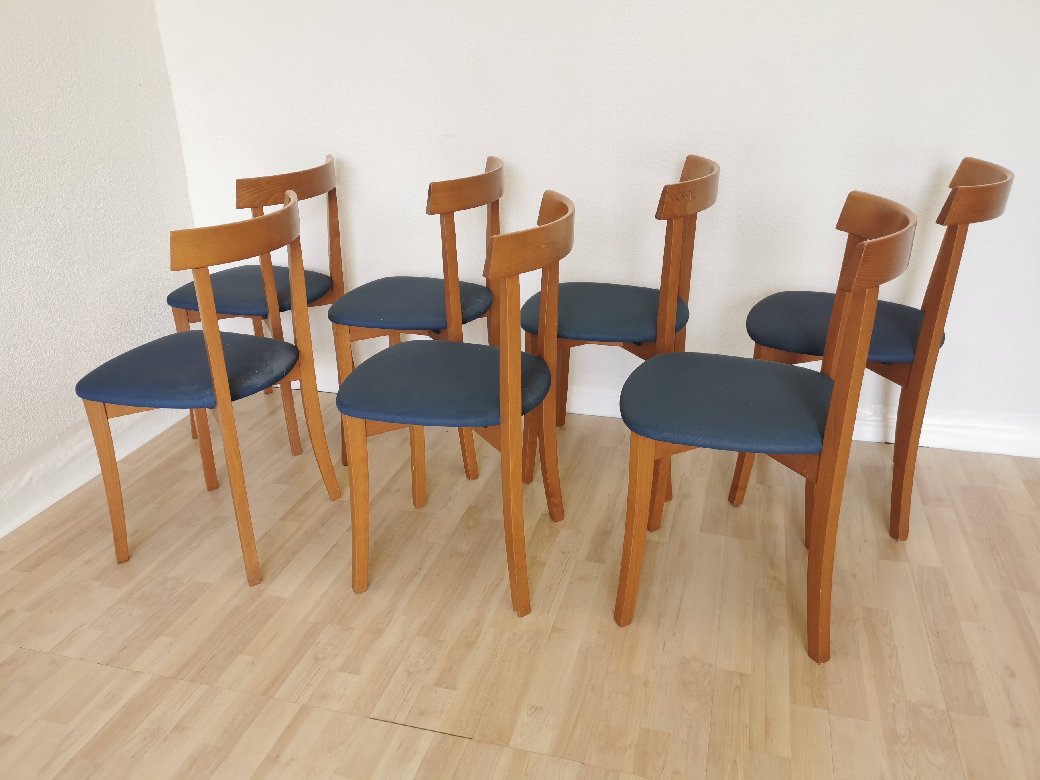Set of 7 Vintage Calligaris Dining Chair: 1990s Italian Wooden Artek Style