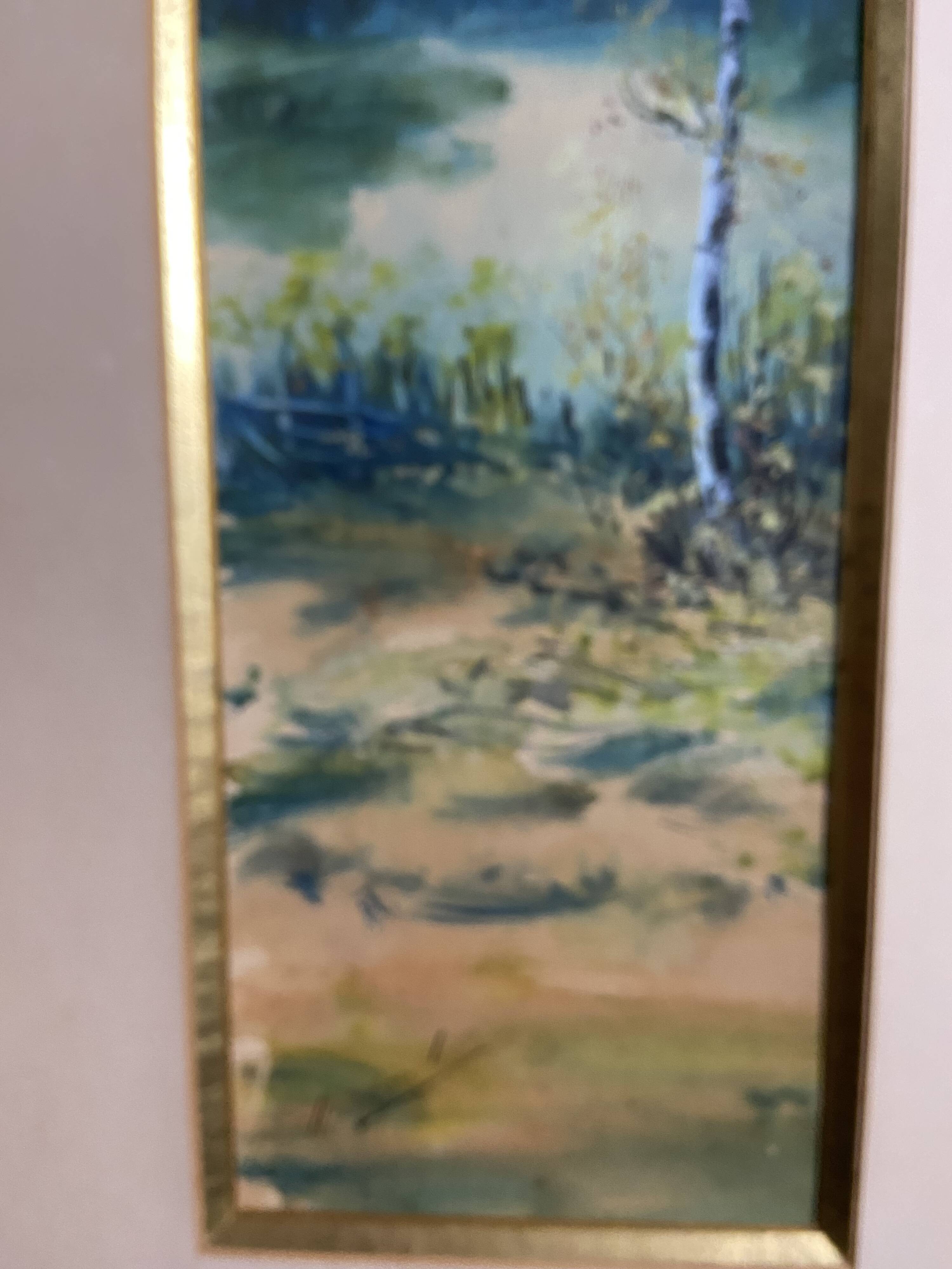Large watercolor from the early 20th century, signed landscape of a wooded river bank