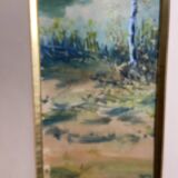 Large watercolor from the early 20th century, signed landscape of a wooded river bank