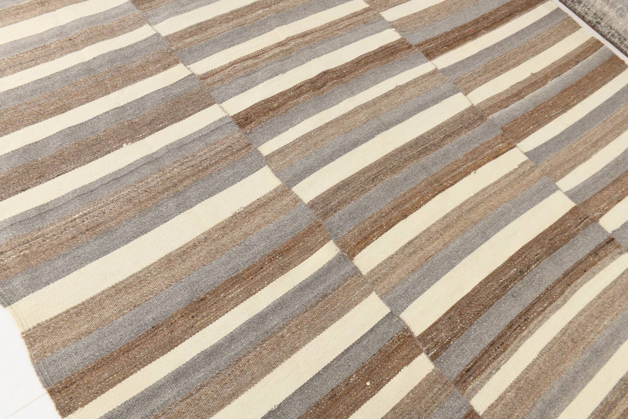 Contemporary Brown & Beige Striped Motifs Vintage Kilim Rug, 226x306Cm