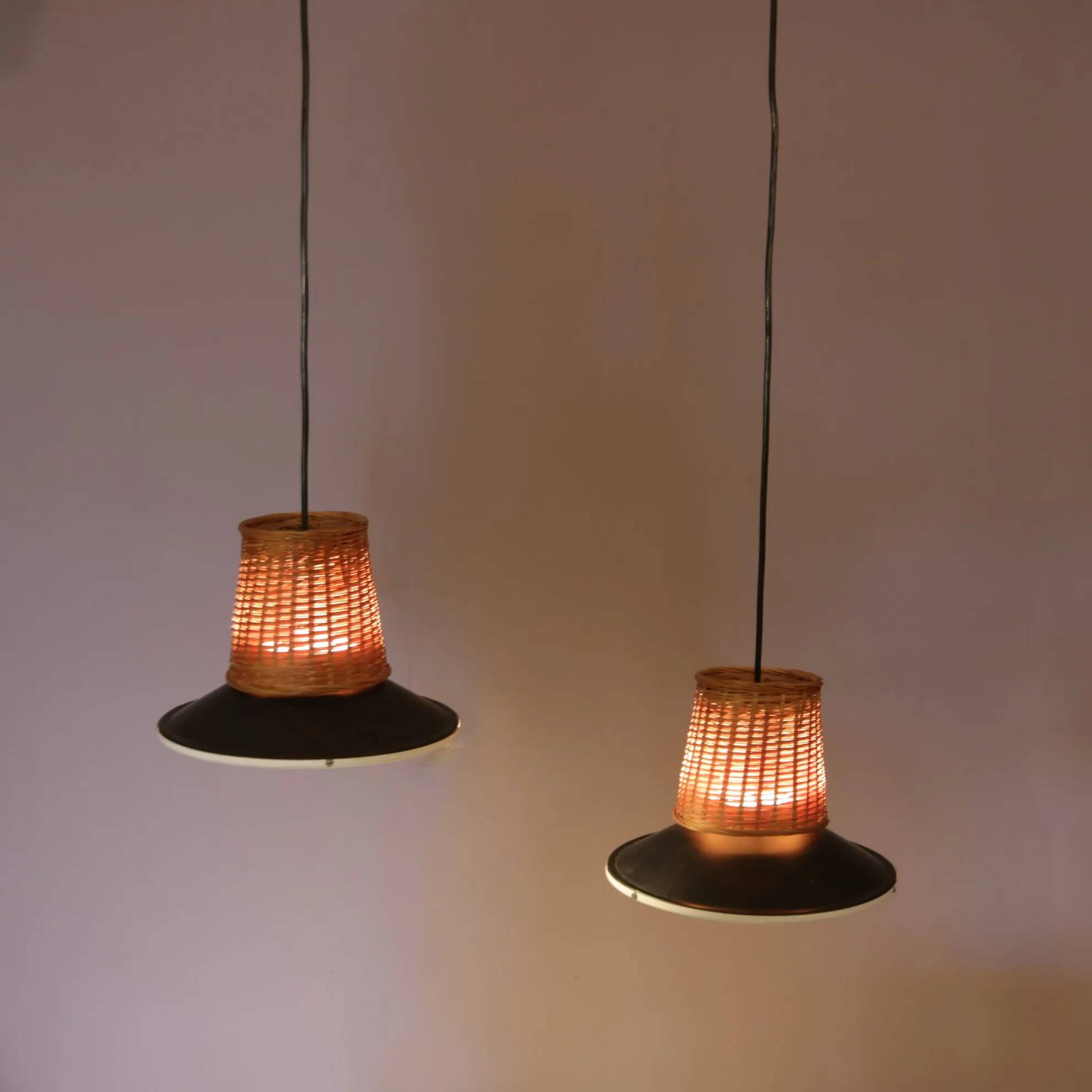 1950s set of 2 hanging lamps wicker/black metal/glass