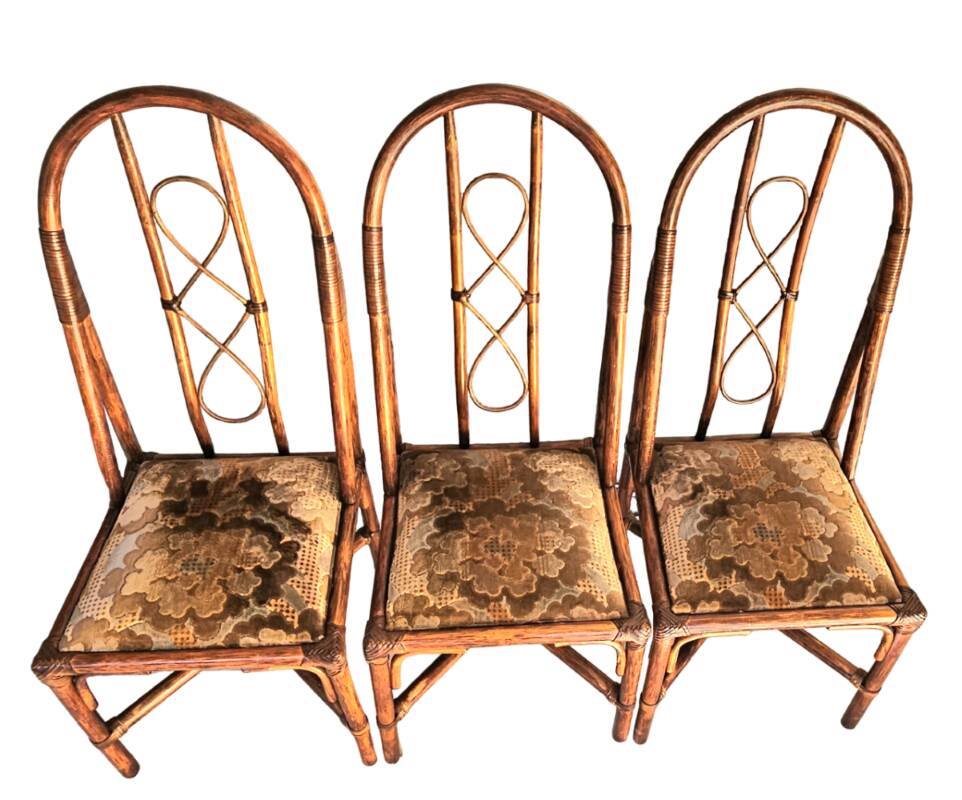 3 Rattan Chairs with Velvet Seat