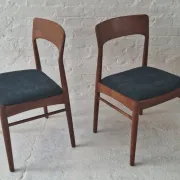 Pair of Henning Kjaernulf teak dining chairs sea blue-green, Denmark 1960s