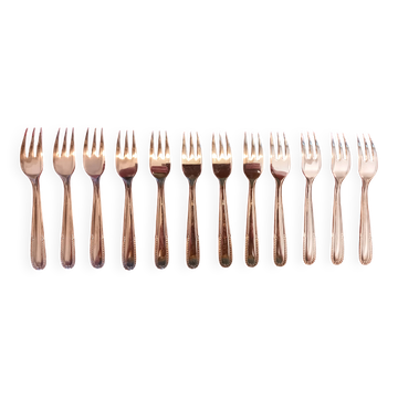 Box of 12 small dessert forks, stainless steel, Devouge Dupont silverware.