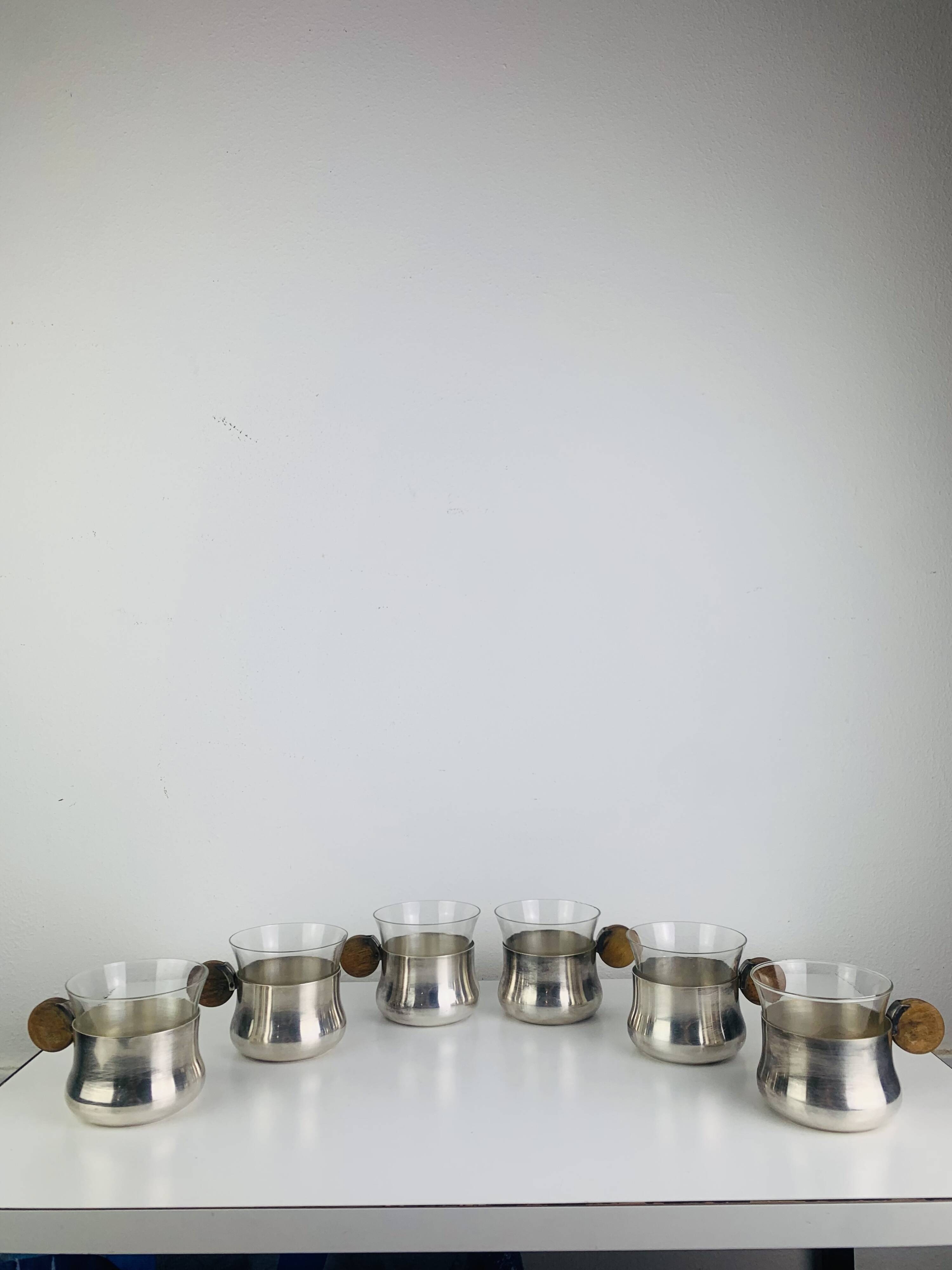 6 Art Deco silver-plated metal and glass cups by Sigg Switzerland