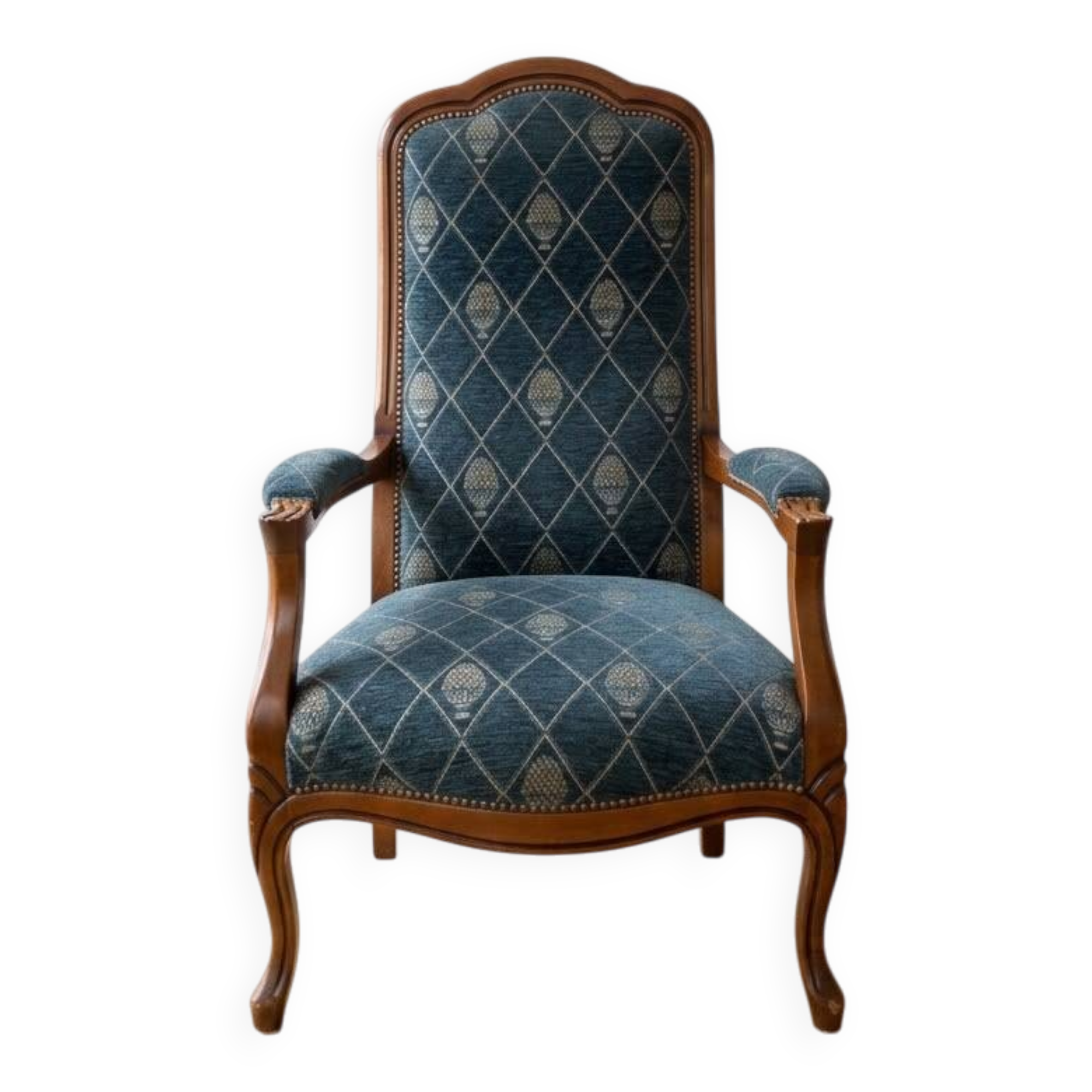 Classic cabriolet armchair in wood and blue fabric