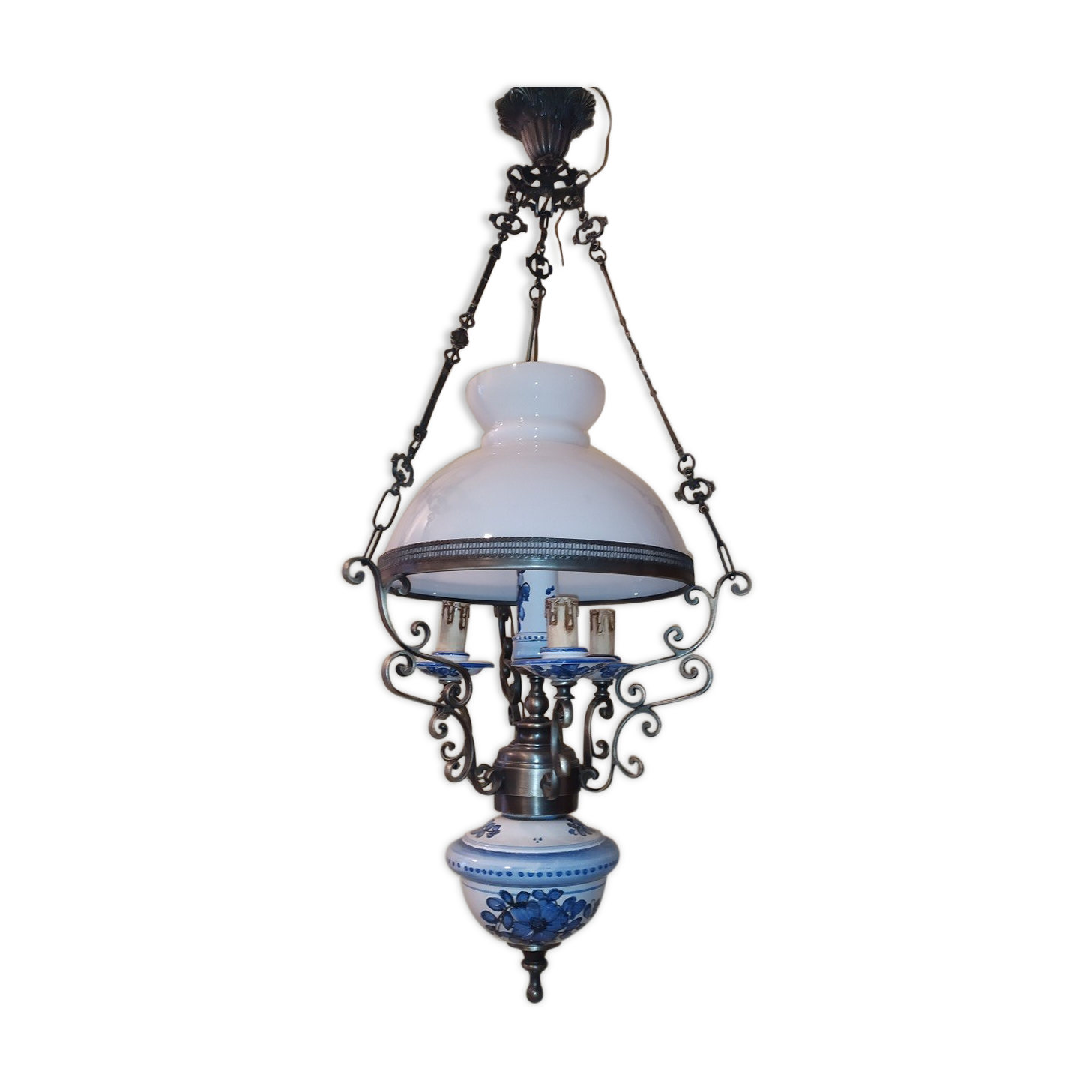 Opaline white porcelain blue 3 branch hanging lamp