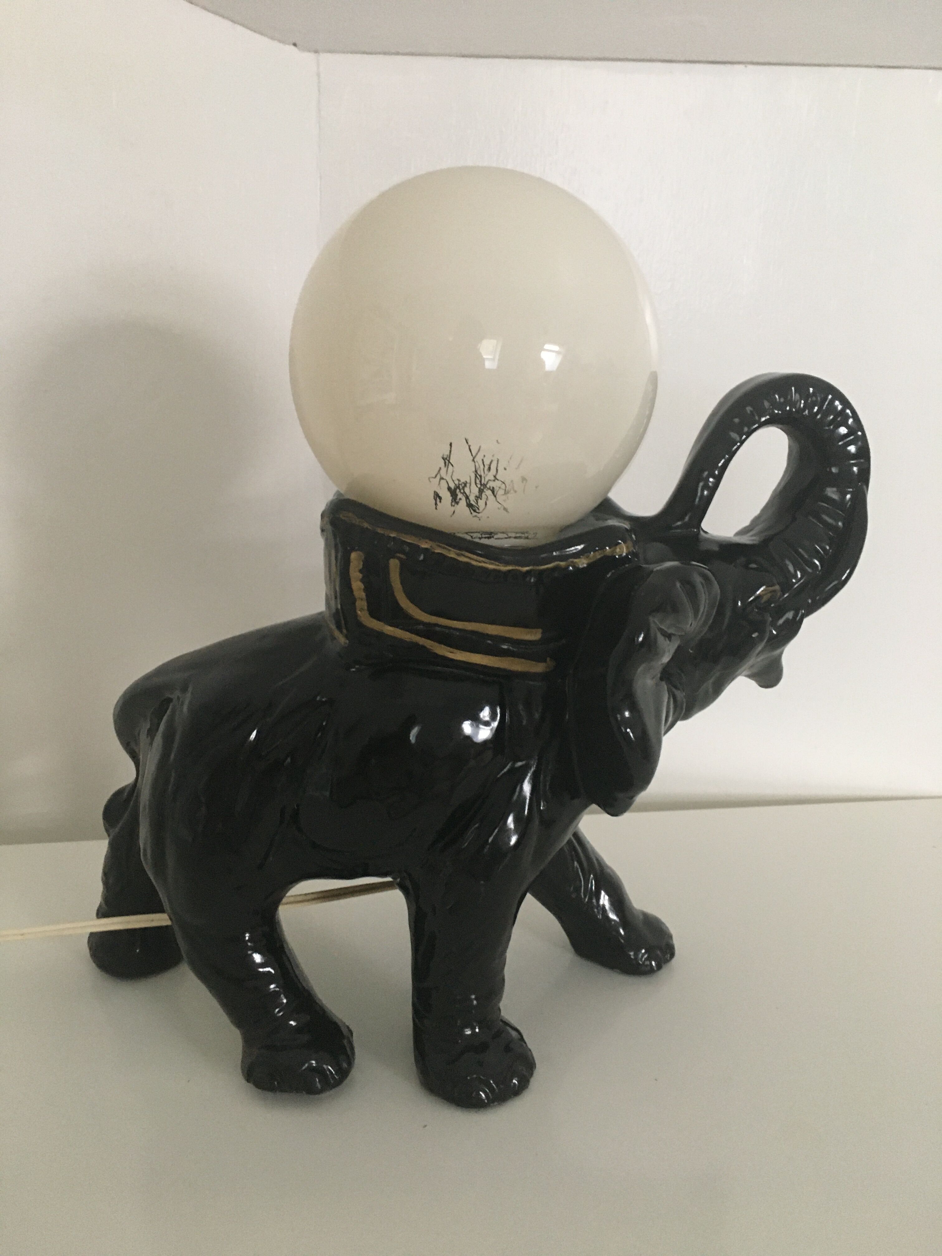Black ceramic elephant lamp and white opaline ball 1970