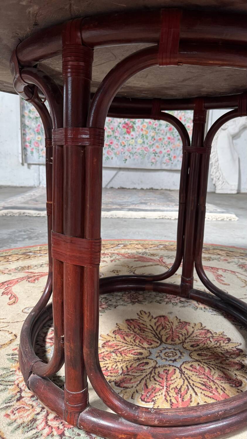Table haute céramique et rotin vintage