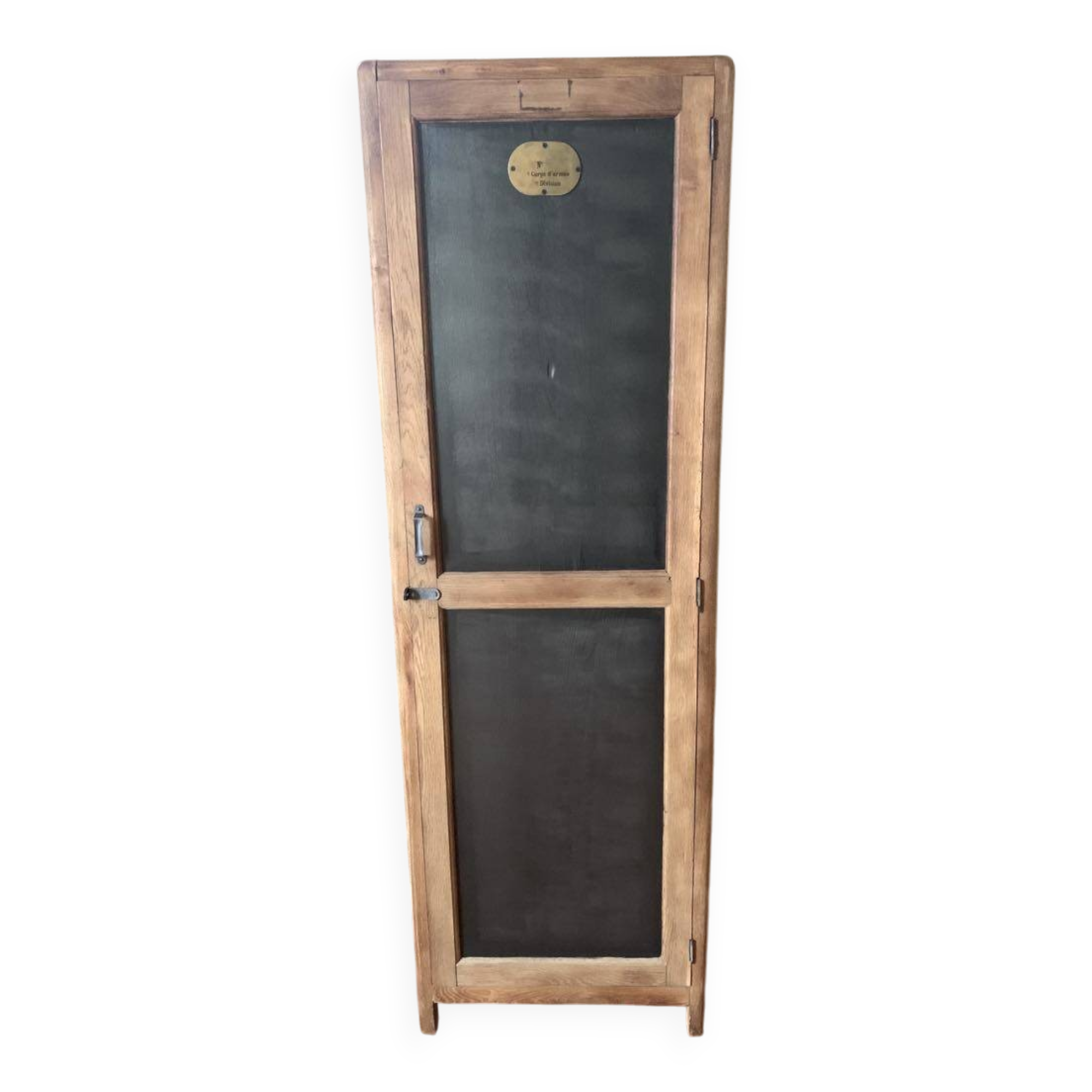 Vintage wooden wardrobe with matte cast iron color hanging rail