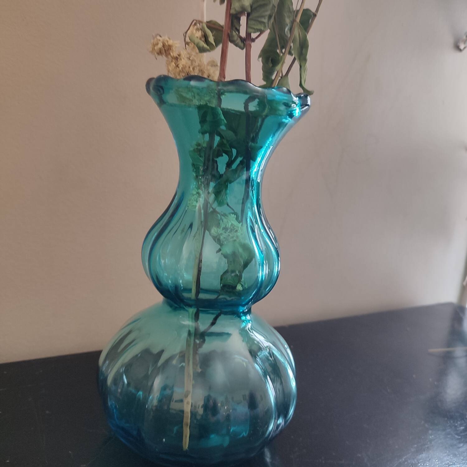 Thick turquoise blue glass vase