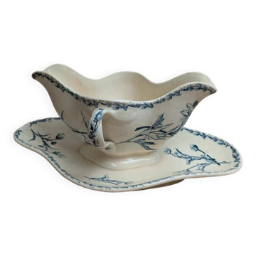 Antique sauce boat in Lunéville ironstone – Marguerite model – Blue decoration