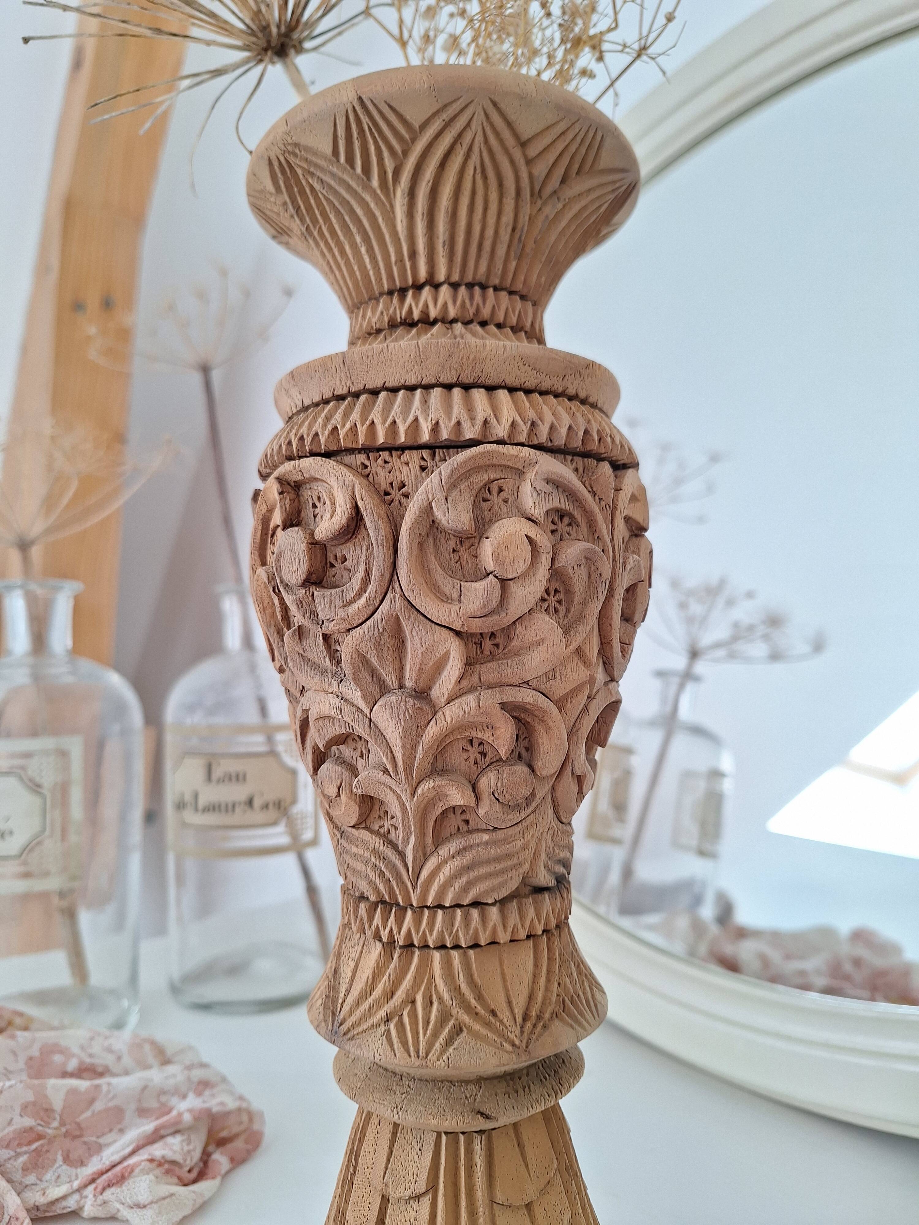Carved solid wood vase