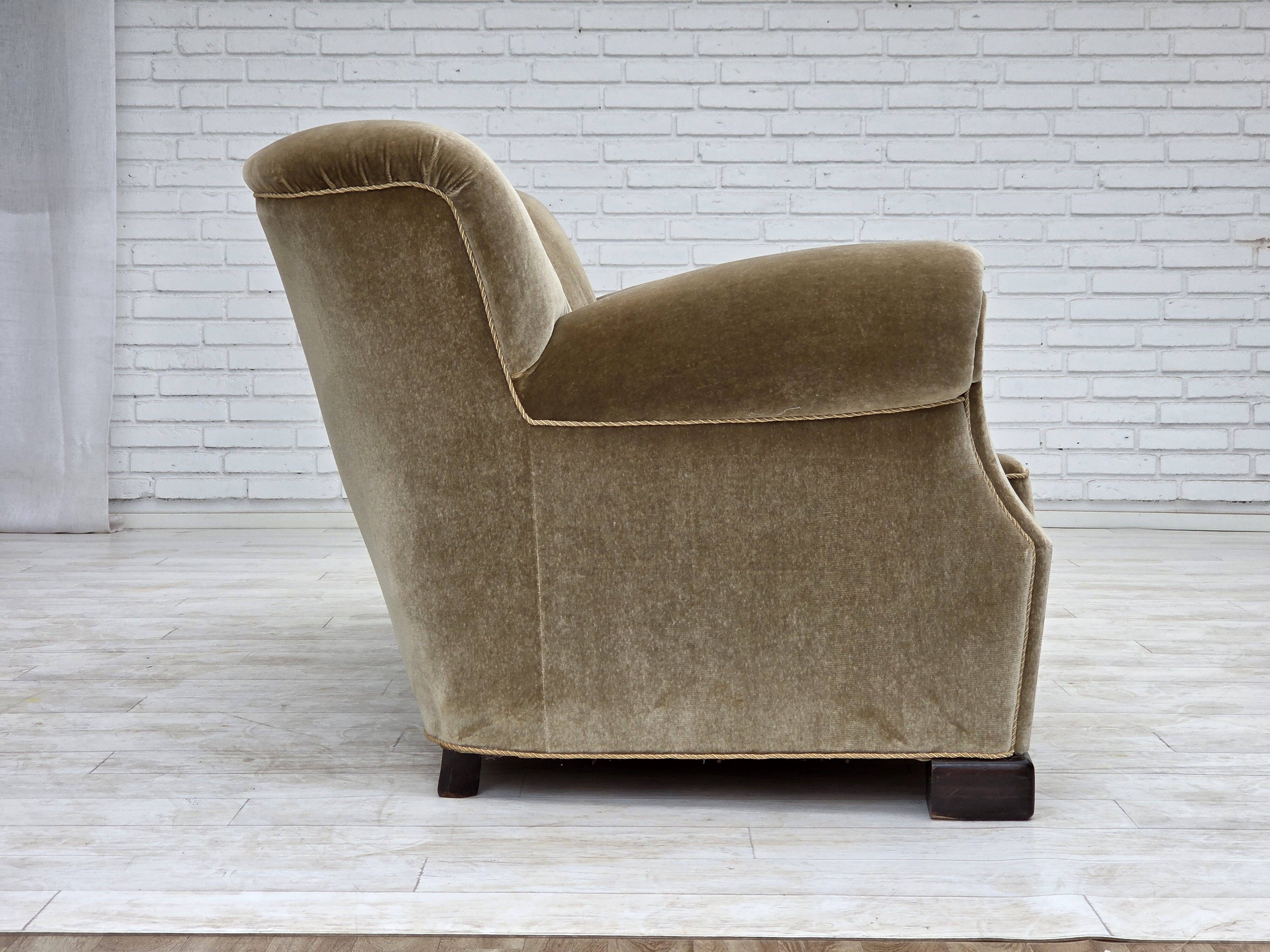 1960s, Danish 3-seater sofa, green furniture velour, oak wood legs.